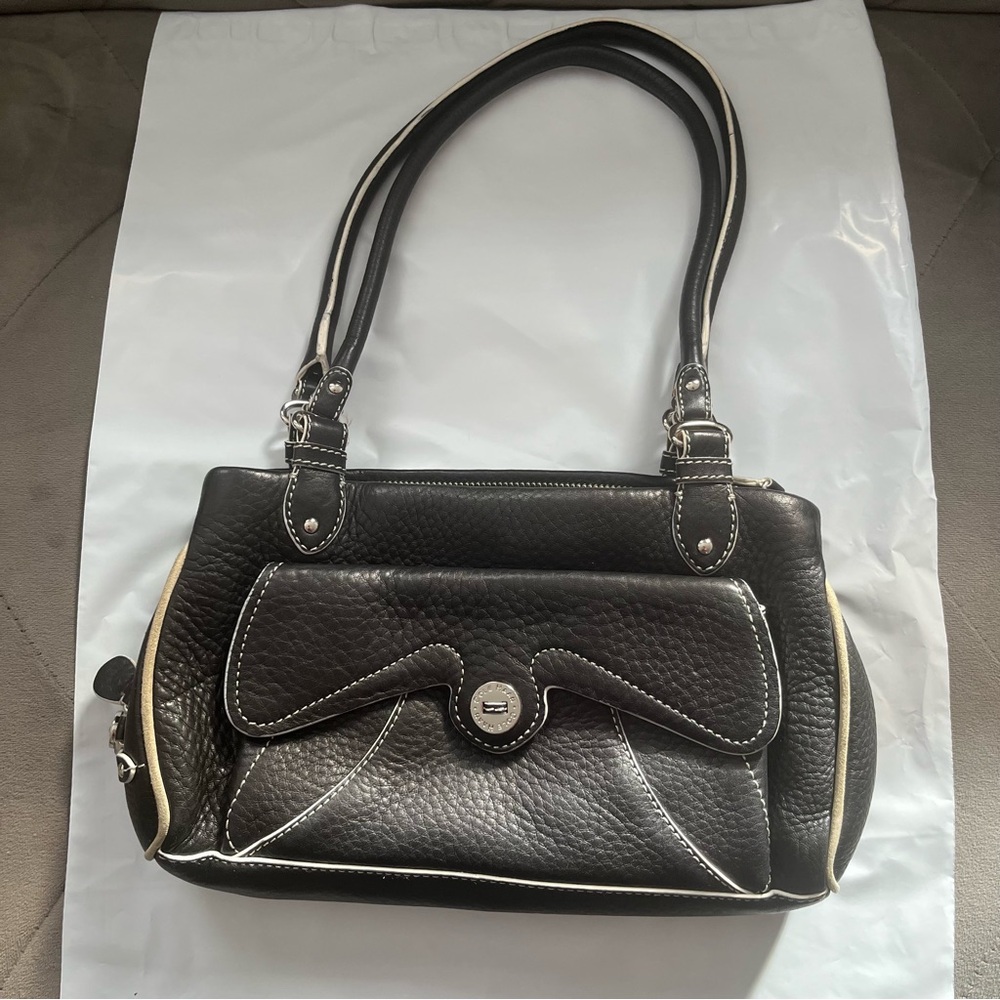 Cole Haan Village Pebbled Leather Satchel Black w/ Ivory Trim & Silver Hardware